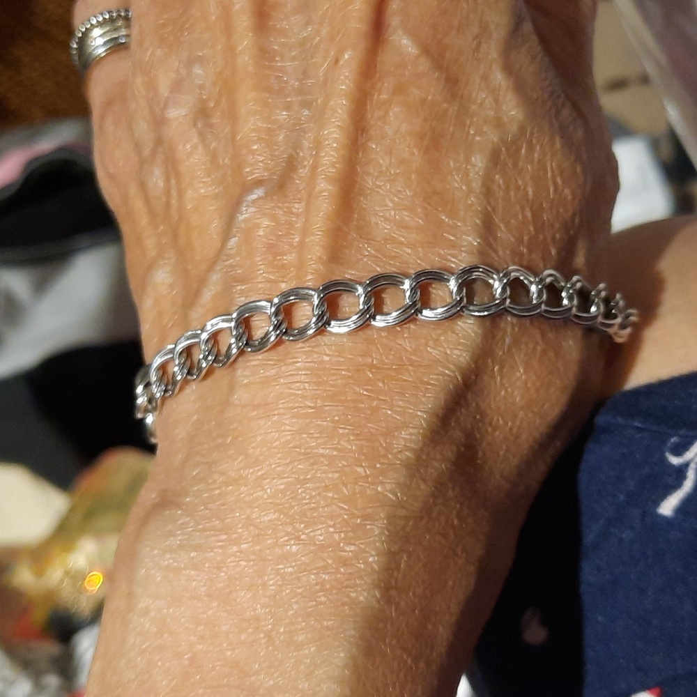 Genuine Solid Sterling Silver Double Loop Charm Bracelet 7.5" Chain Rhodium